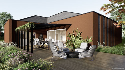 Prospettiva di una casa moderna con pareti di color ocra e ampia terrazza esterna con portico metallico
Visualizzazione architettonica 3D