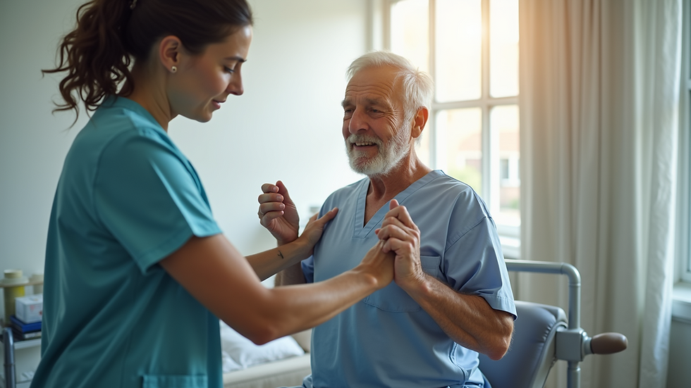 Close-up view of a caregiver assisting a patient with a physical therapy exercise