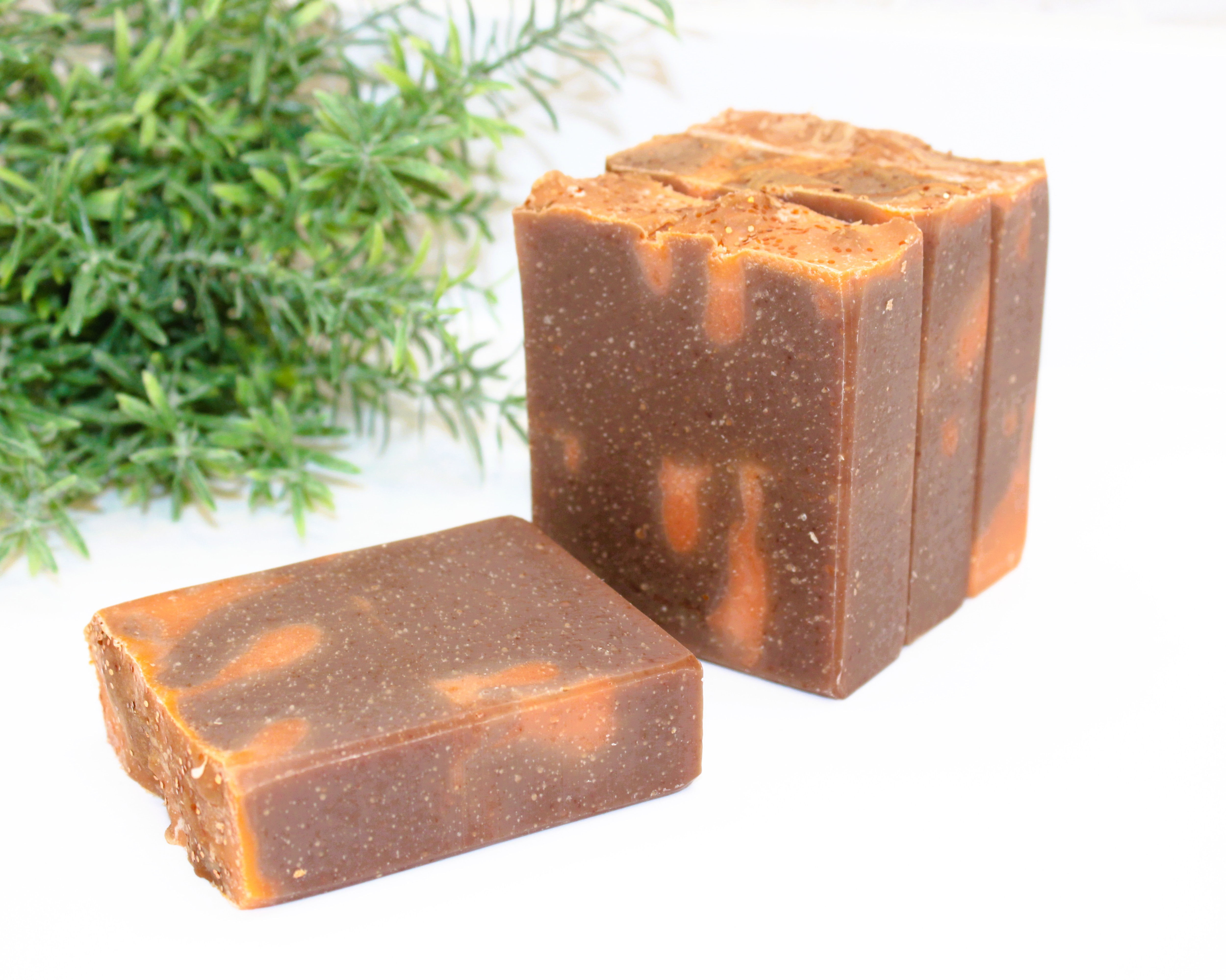 Brown and orange soap bars standing next to each other with one bar laying down, with greenery and white background