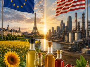 Left side EU flag over sunflower fields, right side USA flag over city and fuel industry. Front displays oilseeds: soy, palm, canola, olives.