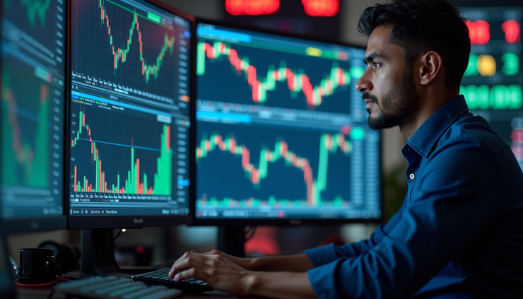 Eye-level view of a trader analyzing stock charts on multiple screens