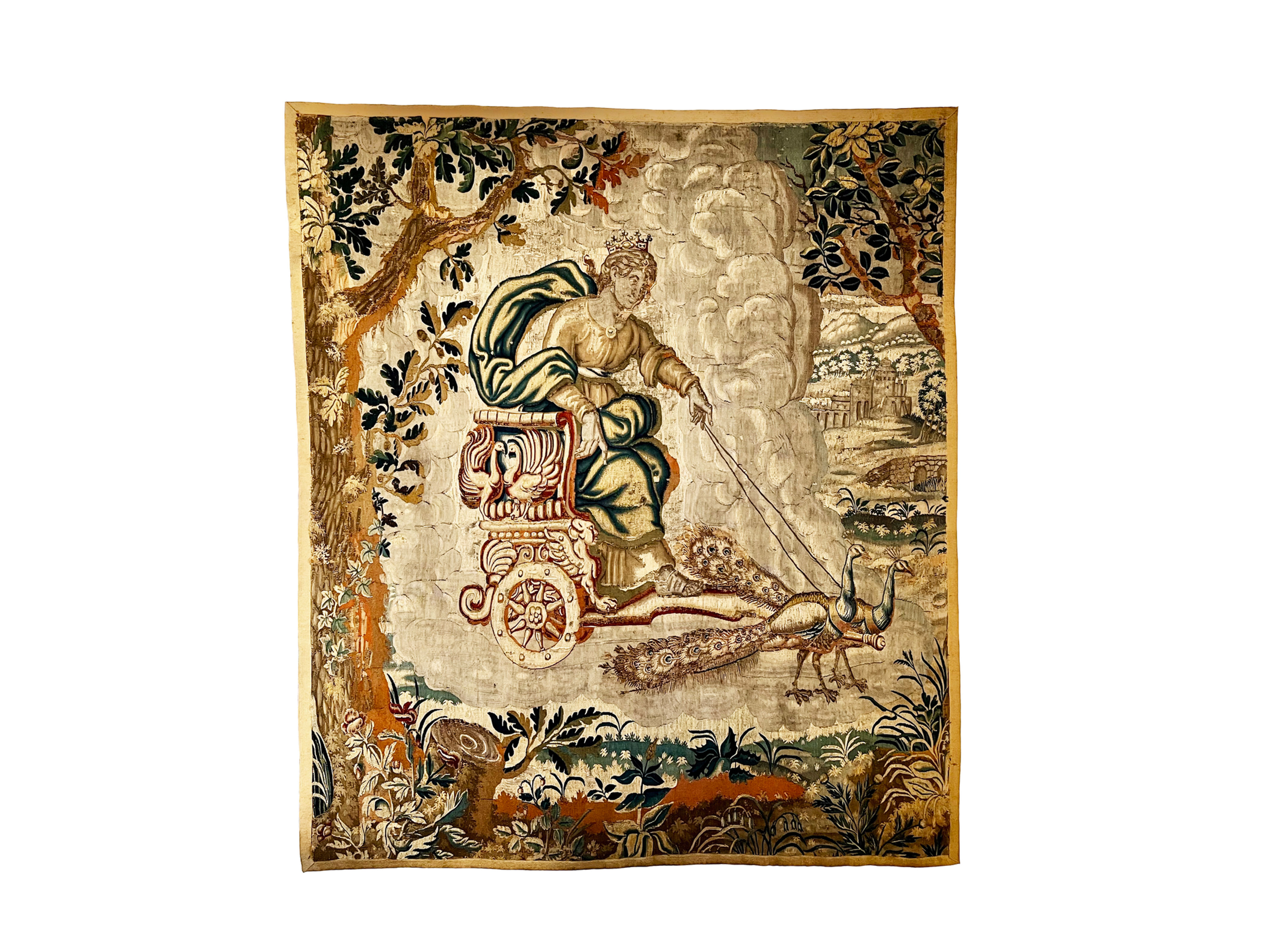 A Glorious Antique Flemish Tapestry, Goddess Juno In A Peacock Chariot, 1600's