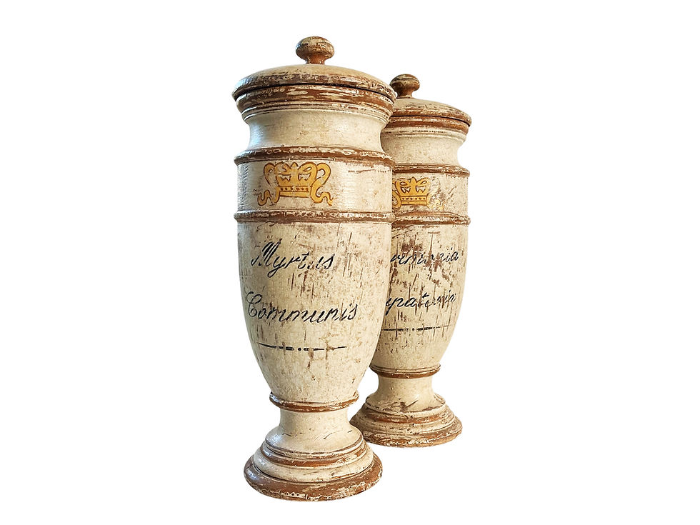 Thumbnail: A Pair Of Fabulous Italian Pharmaceutical Jars, Wood With Distressed Patina