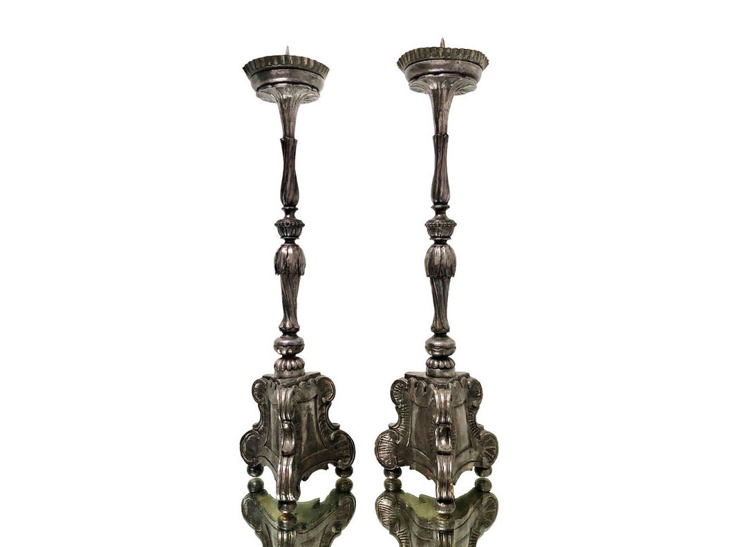 A Pair Of Fabulous Baroque Candlesticks, Hand Carved Wood, 1700's
