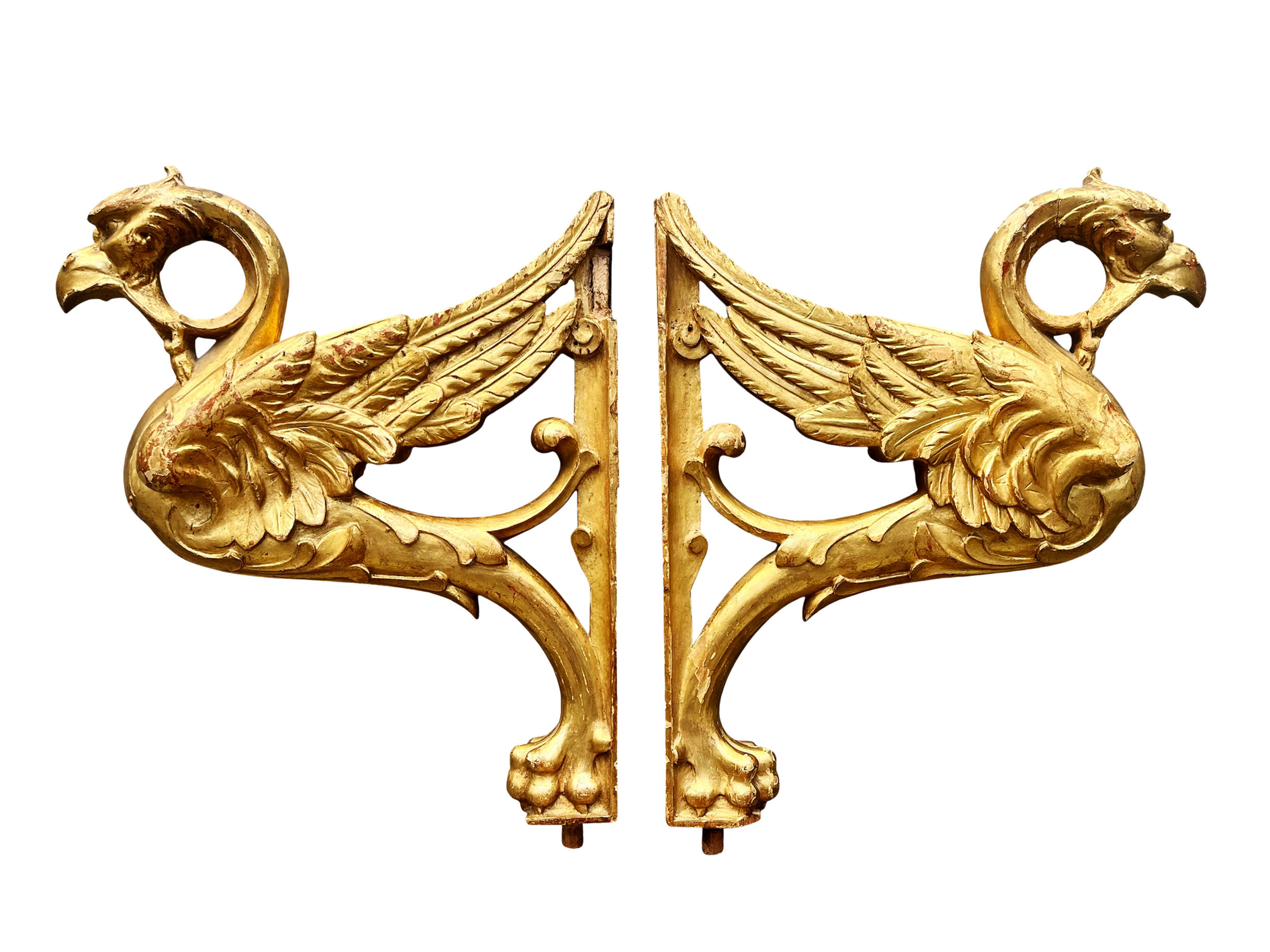 A Pair Of Fantastic Antique French Gilded Wood Carvings, Griffins, 1800's