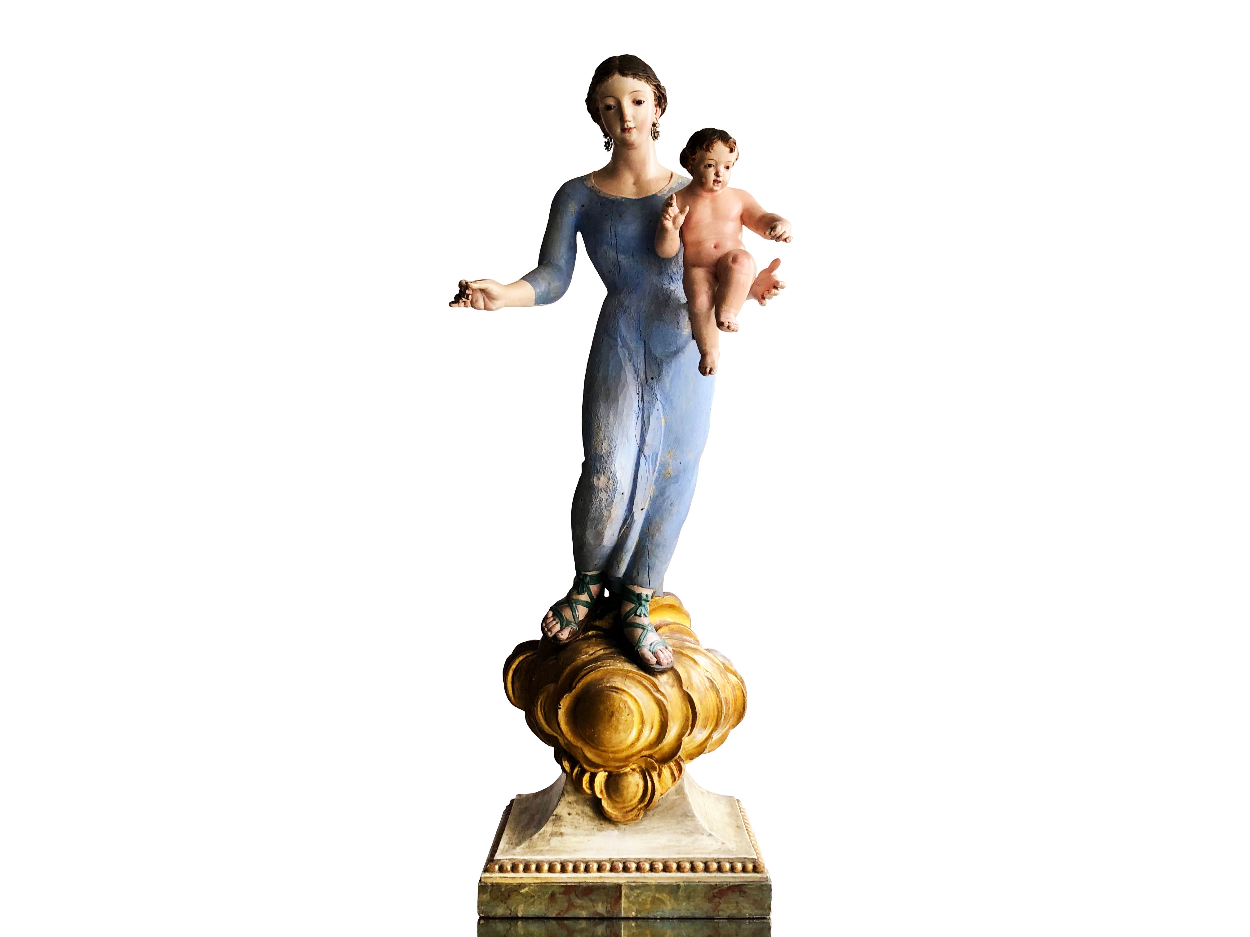 A Magnificent Antique Spanish Madonna And Child Santo, Late 1700's