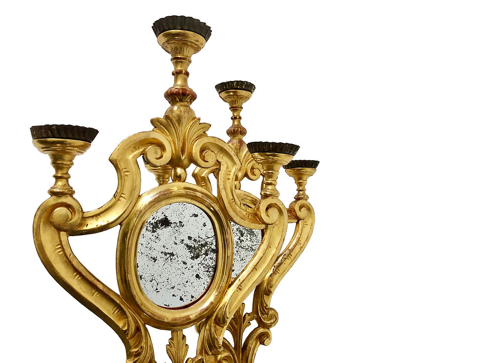 Thumbnail: A Pair Of Opulent Antique Italian Candelabras, Carved And Gilded Wood, 1800’s