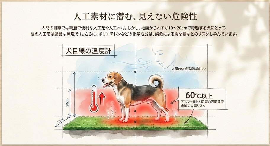 人工素材の危険な熱さを示す犬と温度計