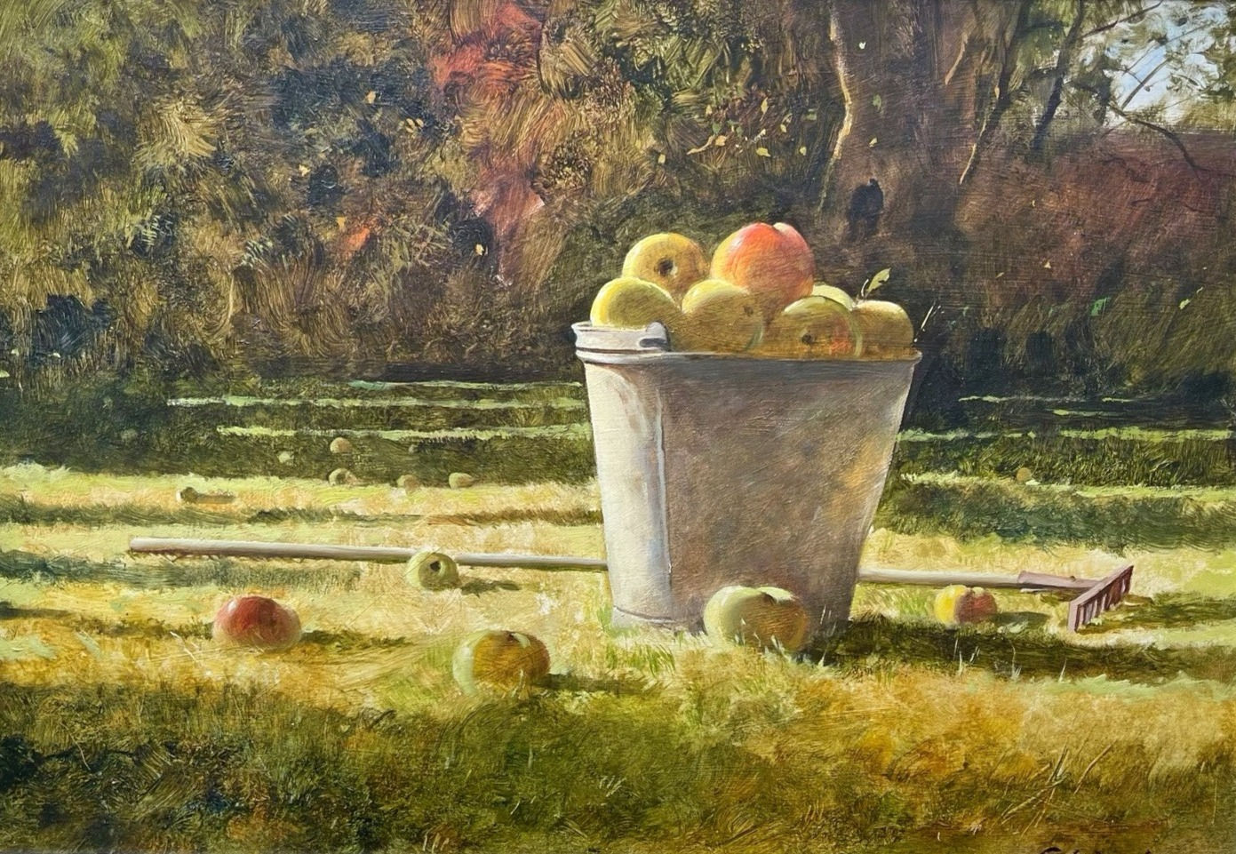 Michael Felmingham Original oil painting- Apple Bucket oil on board