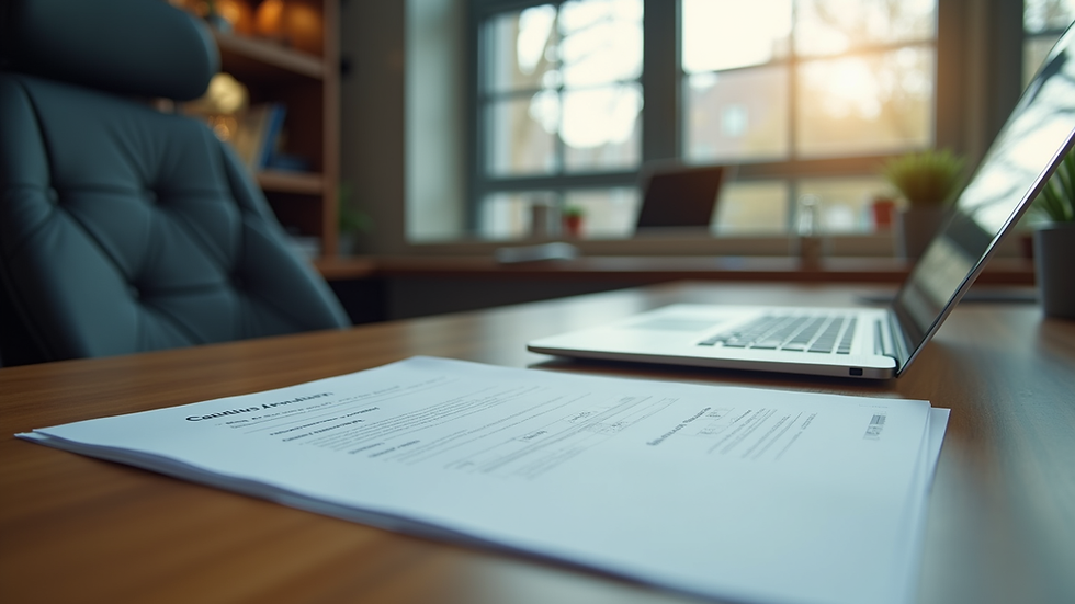 eye-level view of office desk with laptop and documents