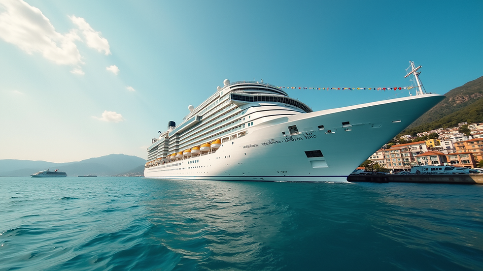 Eye-level view of a cruise ship docked at a vibrant port