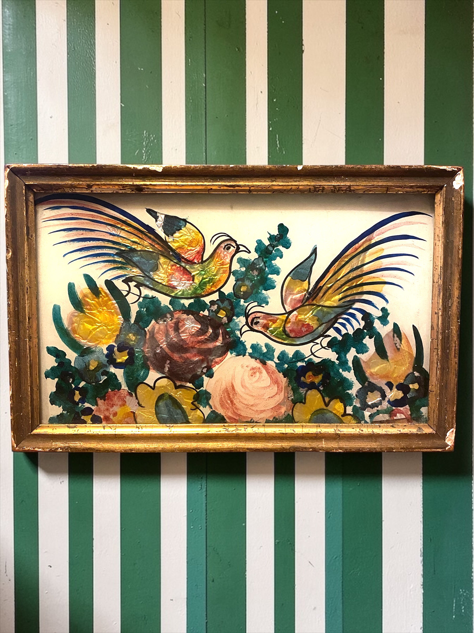 Manner of Dora Carrington (1893-1932) Birds & Flowers Tinsel Foil Painting