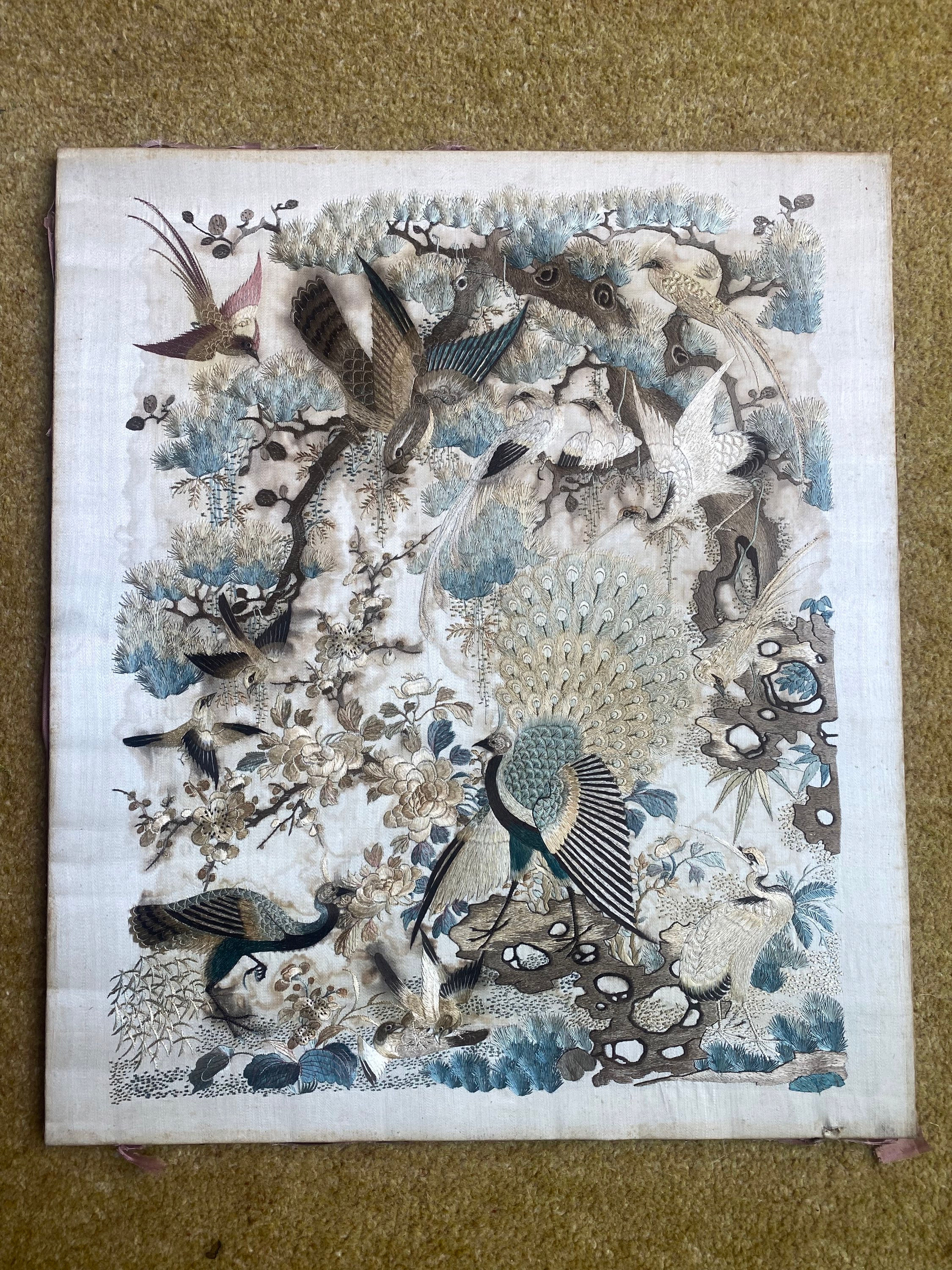 Antique Qing Dynasty Chinese Sill Embroidered Bird Panel 