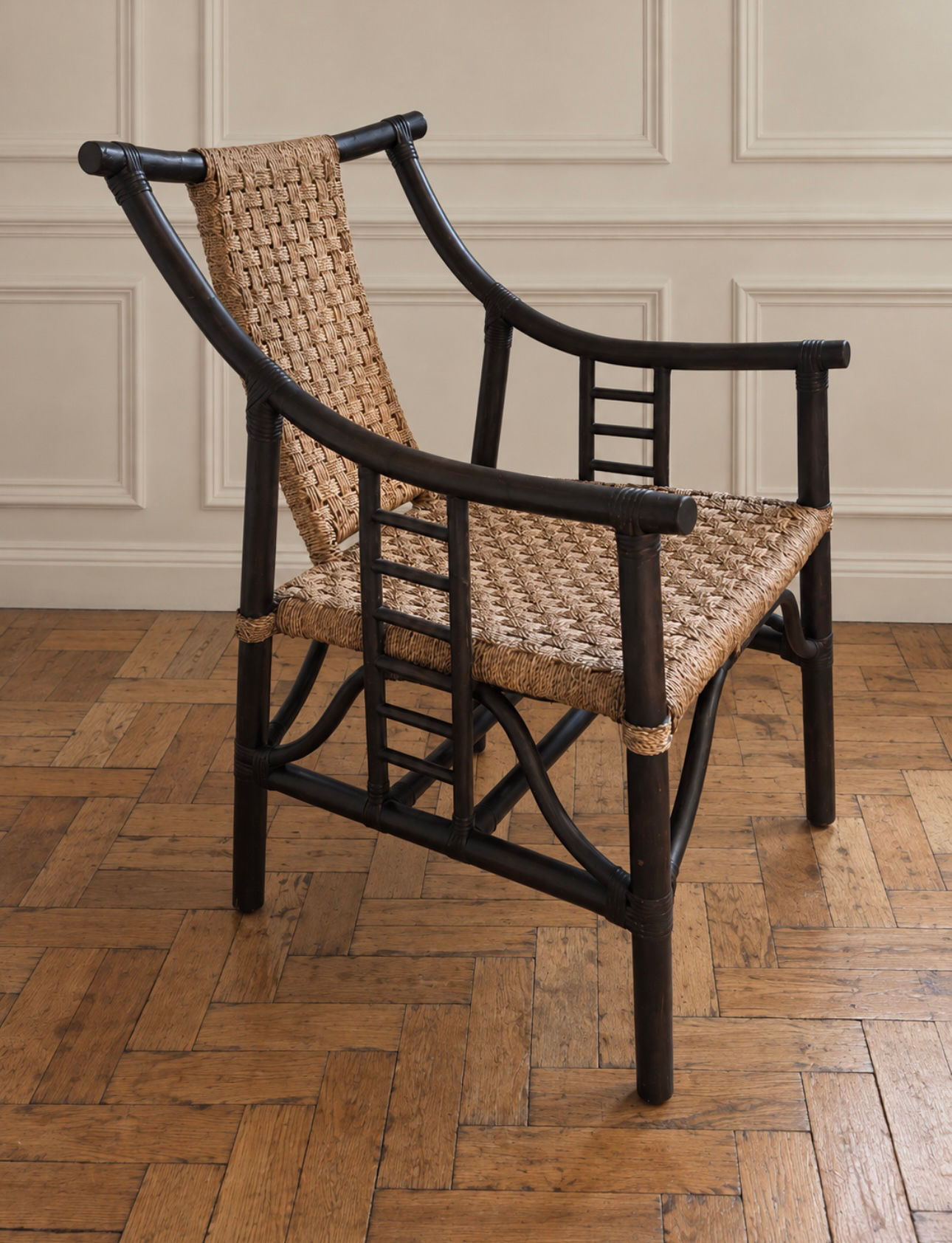 Mid-Century Hollywood Regency Japanese Bamboo & Woven Armchair