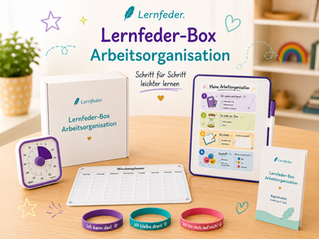 Arbeitsorganisation für Kinder mit der Lernfeder-Box für Hausaufgaben und selbstständiges Lernen