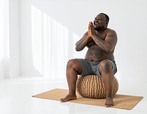 Firefly_An overweight man with tattoos, is sitting kneeling on a bolster, on top of a cork