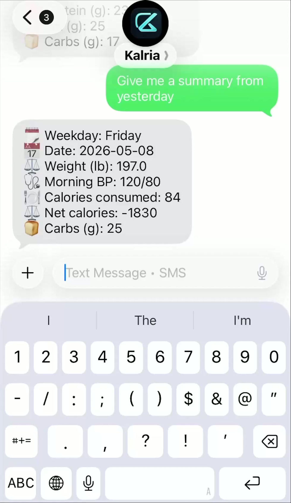 Kalria SMS nutrition tracker showing a food logging conversation