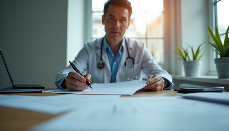 Eye-level view of a healthcare executive reviewing contract documents at a desk