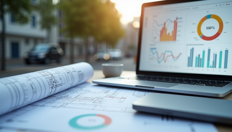 Close-up view of a construction blueprint and a laptop with SEO analytics on screen