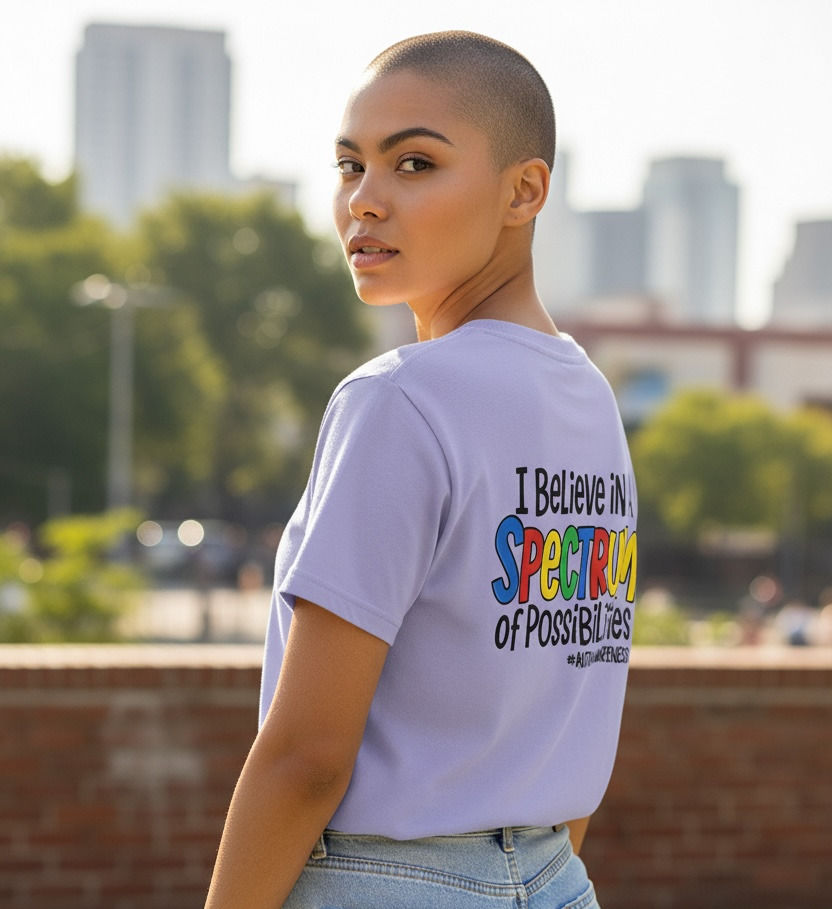 Thumbnail: Person wearing light purple "I Believe in a SPECTRUM of Possibilities" t-shirt