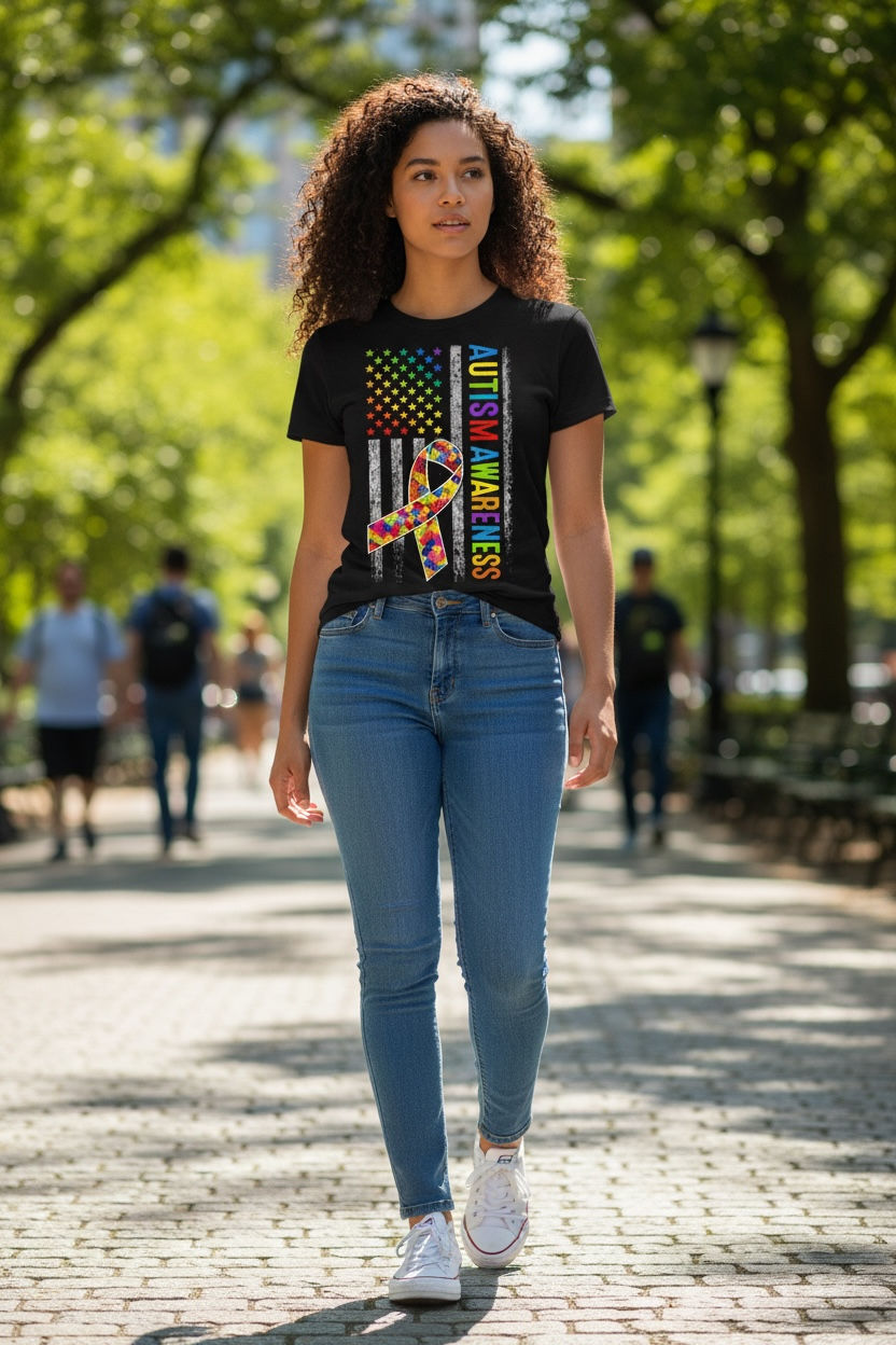 Thumbnail: Woman wearing Autism Awareness flag tee with LOVE design