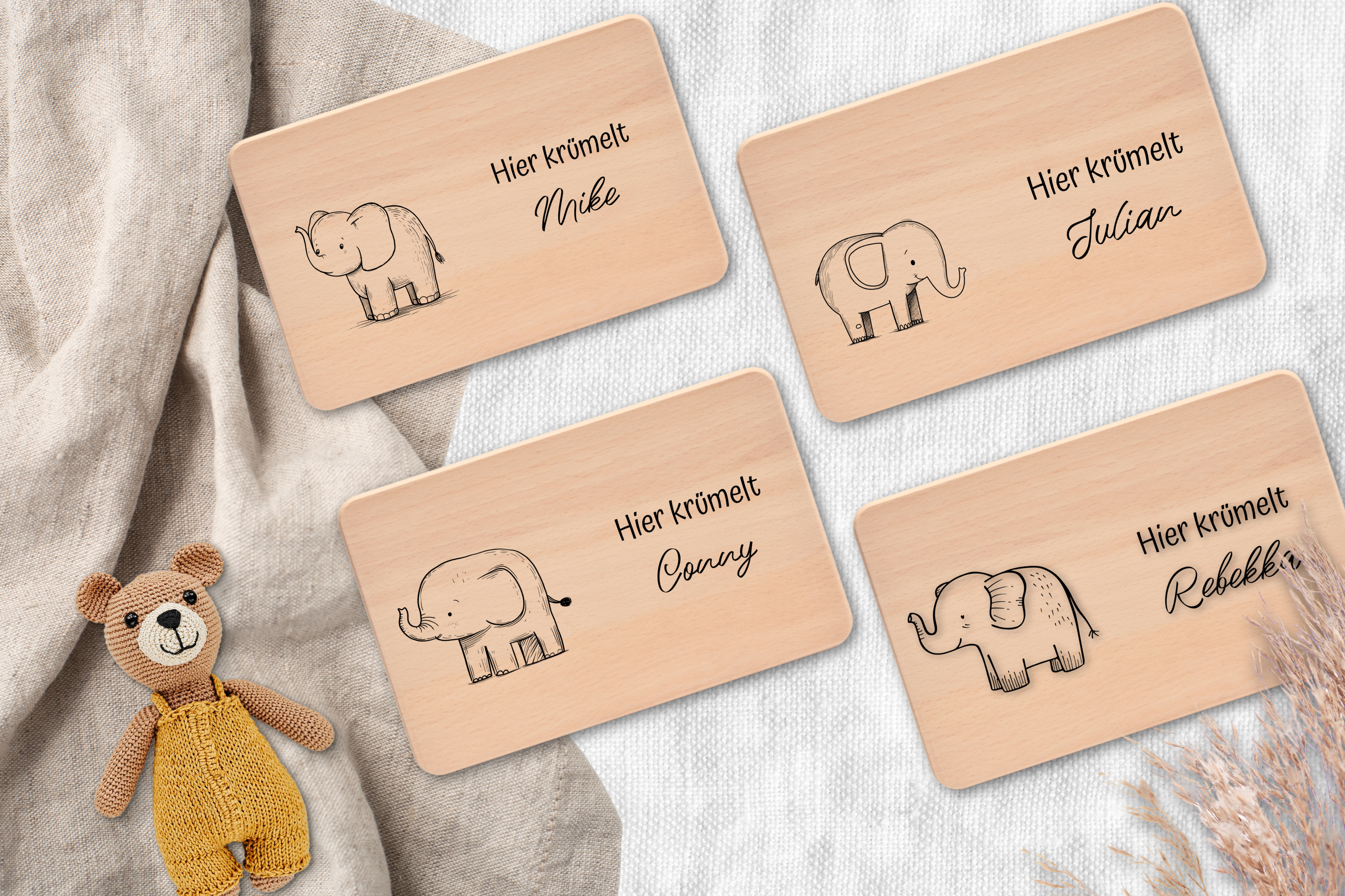 Vesperbrett - Elephant, Hier krümelt, personalisiert