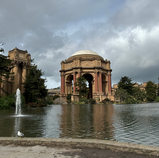 The stunning Palace of Fine Arts in San Francisco, showcasing grand colonnades, a serene lagoon, and lush green gardens under a clear blue sky.