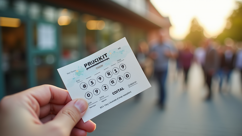 Close-up view of a charity lottery ticket with a community centre in the background