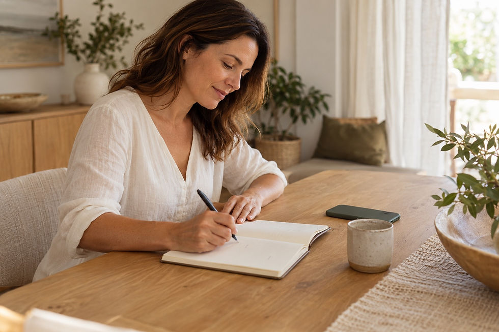 An adult writing in a notebook at a light oak table at home.