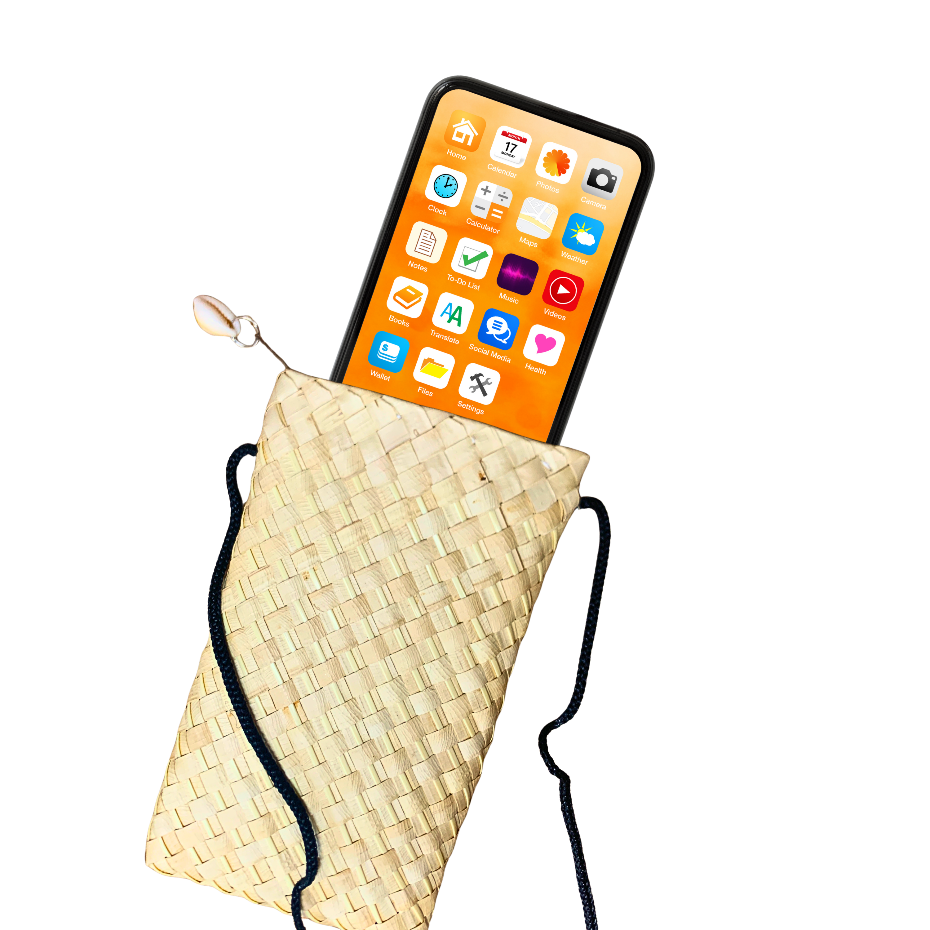 Porte-phone tressé en fibres naturelles avec coquillage sur la fermeture, artisanat polynésien.