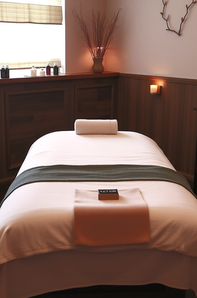 Massage spa room with table and sheets,