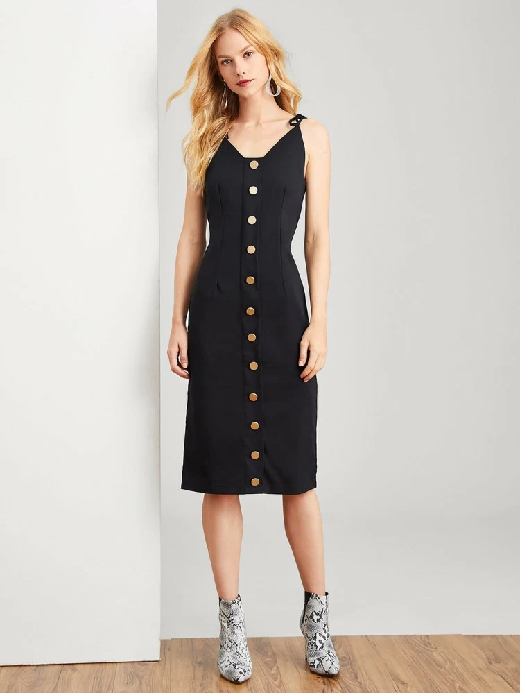 Thumbnail: Women's Button Front Slim Fitted Slip Dress (SHN)