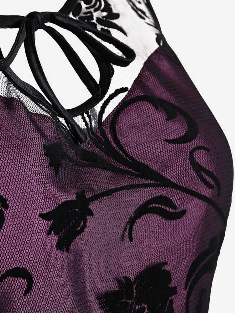 Thumbnail: Shein Women's Floral Mesh Overlay Flare Dress (SHN)