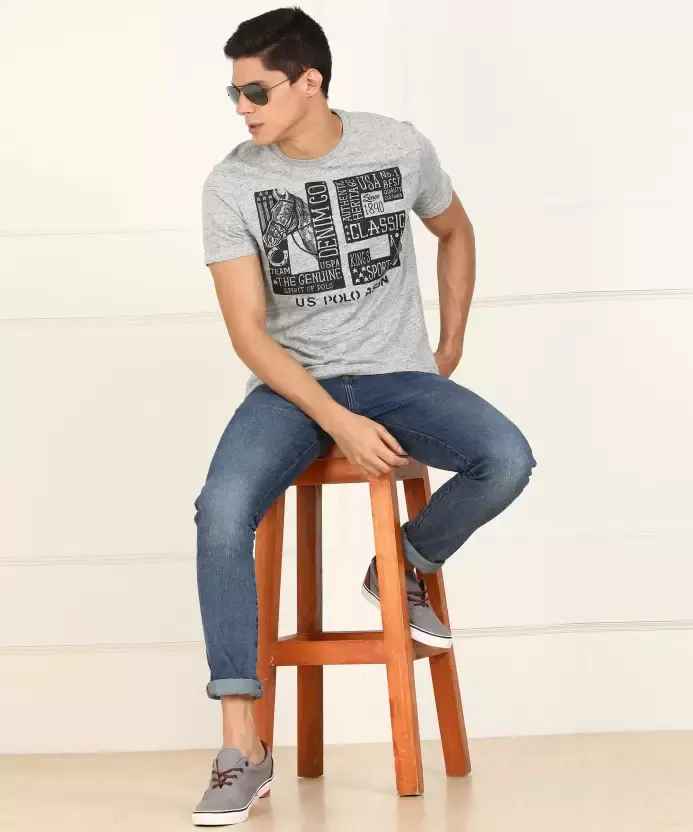 Thumbnail: Men Marl Grey Printed T-shirt USPA
