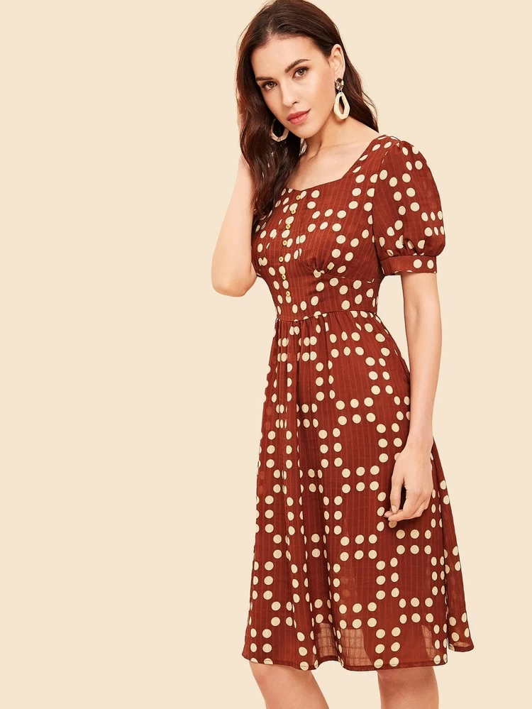 Thumbnail: Women's 70s Button Front Polka Dot Square Neck Dress (SHN)