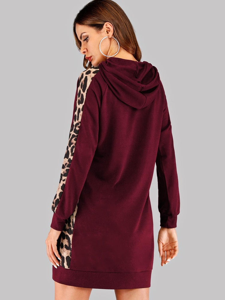 Thumbnail: Women Leopard Tape Hooded Sweatshirt Dress (SHN)