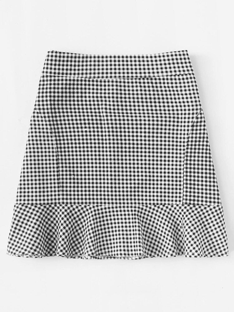 Thumbnail: Women's Gingham Print Ruffled Mini Skirt (SHN)