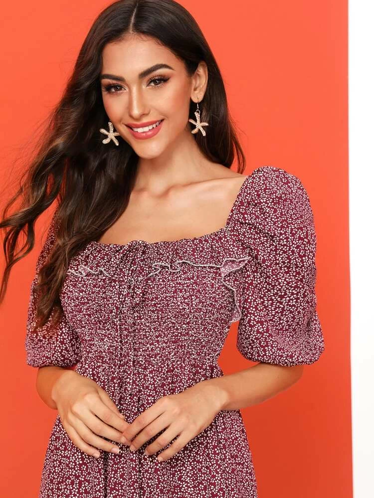 Thumbnail: Women's Ditsy Floral Print Tie Neck Shirred Bodice Dress (SHN)