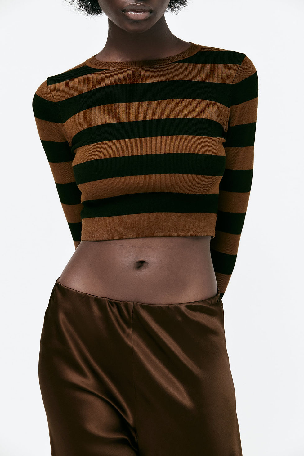 Thumbnail: Women Dark Brown Striped Cropped Knit Sweater (ZRA)