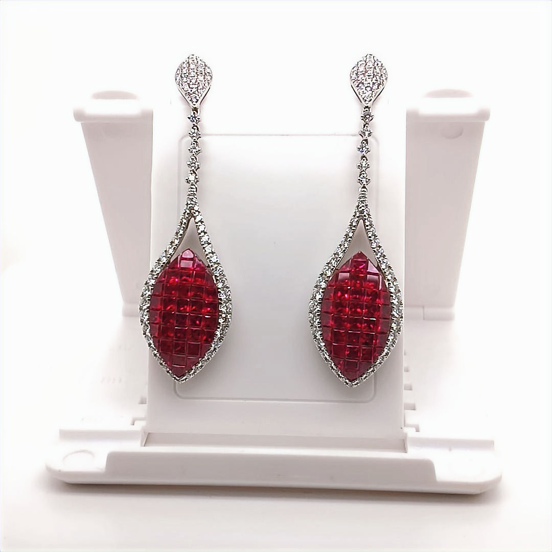 Pre-owned Platinum Ruby & Diamond Drop Earrings 