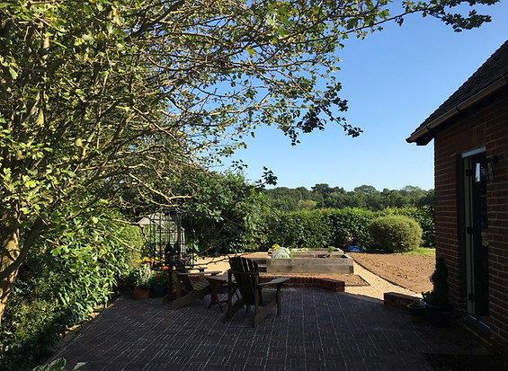 Garden of 1930s bungalow after renovation.