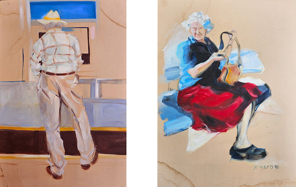 Nurit Shany, A man by the ATM / A woman with a bag, oil on paper,50X70cm, 1990