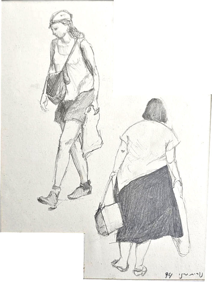 Nurit Shany, Two Women walking, Pencil on paper14.5X20cm, 1994