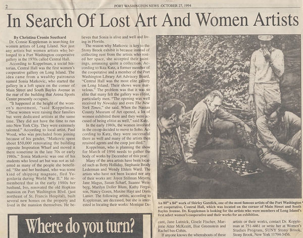 Southard, Christina Cronin. “In Search of Lost Art and Women Artists.” Port Washington News, October 27, 1994.