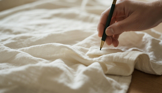 A person hand-marks a muslin fabric by pencil.