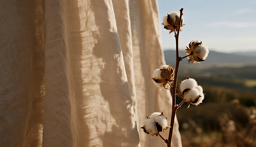 Cotton plant in front of muslin fabric.