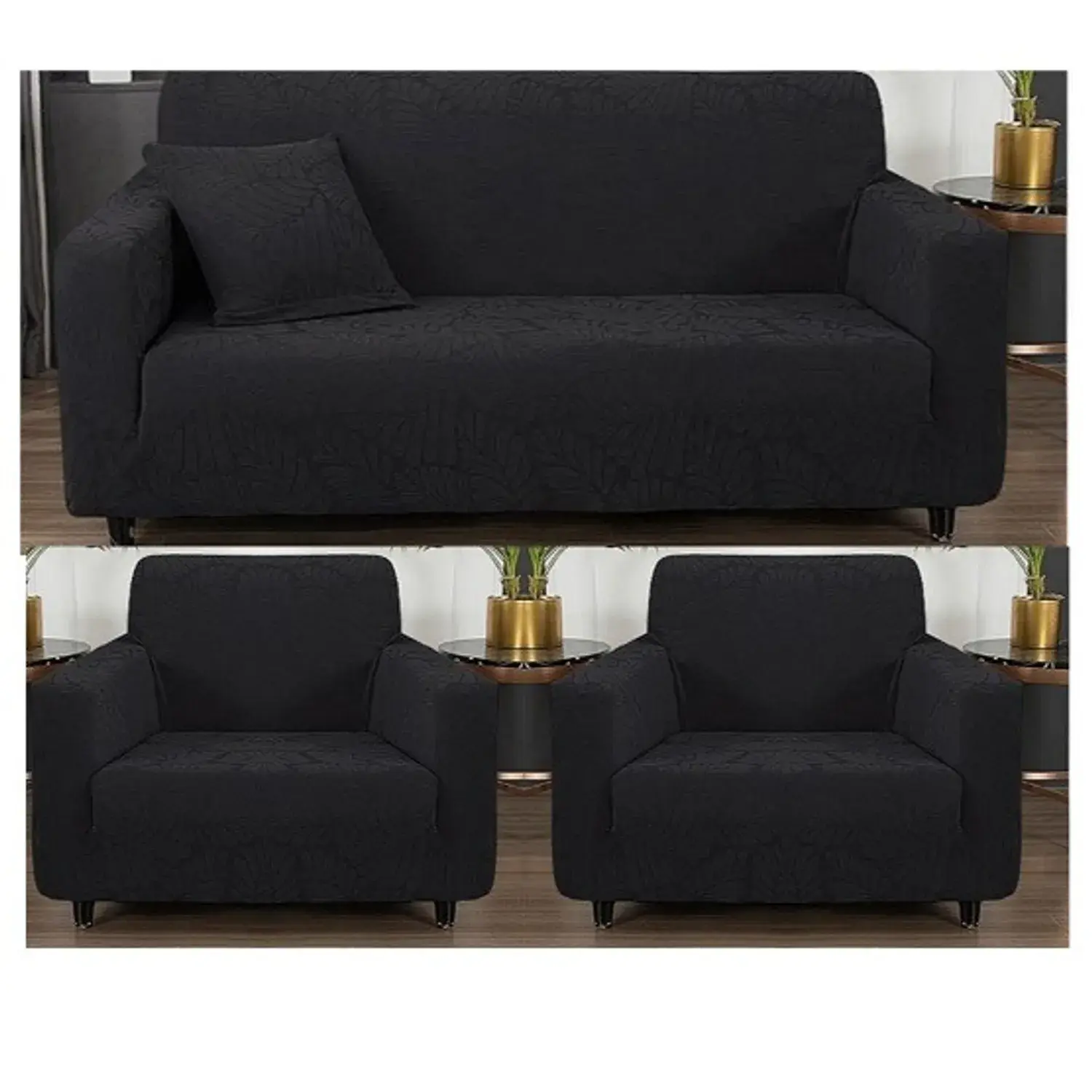 Cubre sillon Diseño tipo hoja 3+1+1 cuerpos-Negro