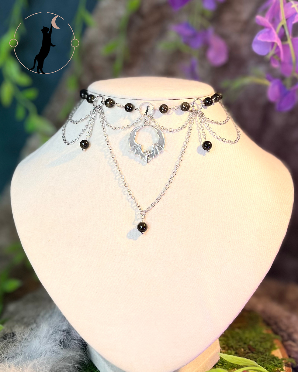 Miniature : Silmenya perles d'Obsidienne dorée et pendentif Chauve souris