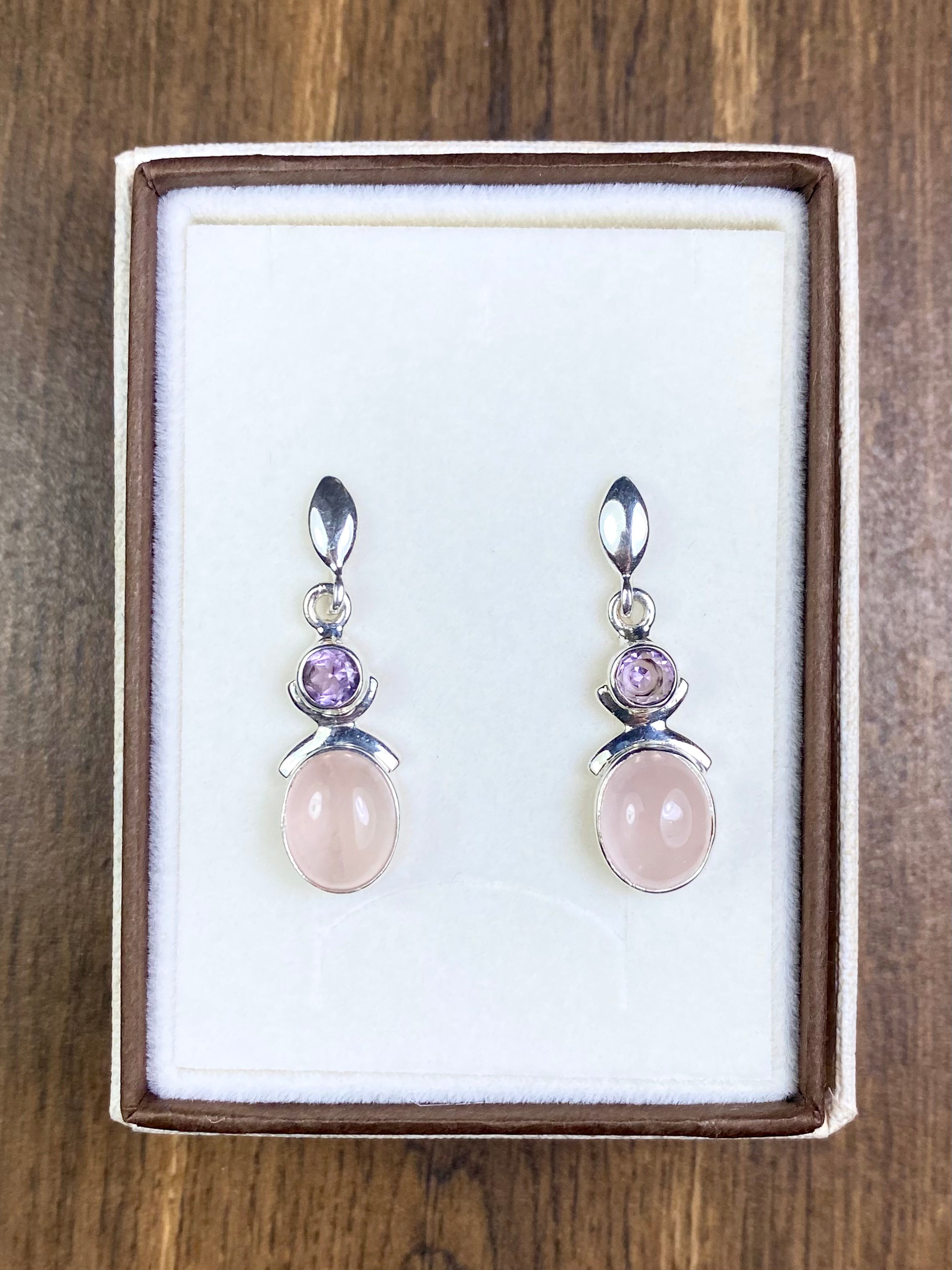 Srebrne kolczyki z ametystem i kwarcem różowym, orientalne, proste