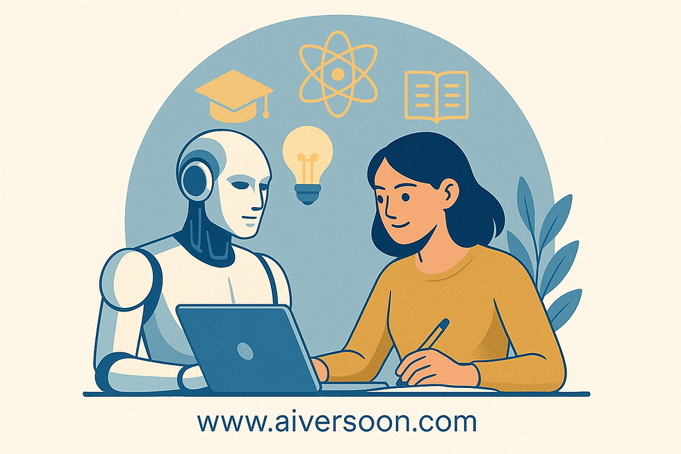 “Illustrazione digitale moderna che raffigura l’incontro tra un insegnante e un’intelligenza artificiale, simbolo della collaborazione tra uomo e tecnologia nel campo dell’istruzione. Colori armonici blu e oro, stile pulito e concettuale. www.aiversoon.com